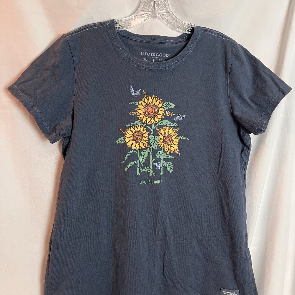 Women's Life is Good Navy/Sunflowers Size L short slv T shirt